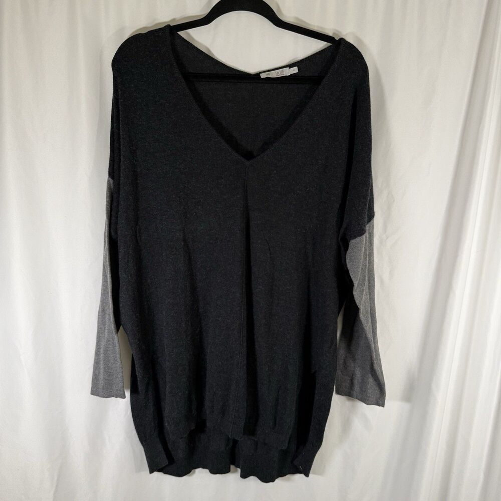 Raffi Cashmere Blend Sweater Women's XL Two Tone Grey Deep V Neck Long Sleeve